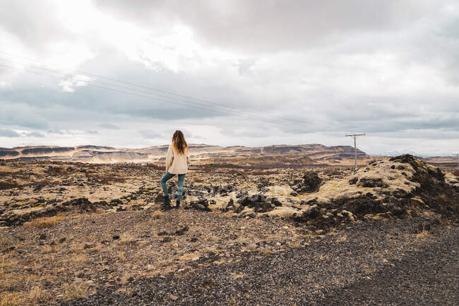 Rückansicht einer Frau mit langen Haaren, die auf einer steinigen Ebene mit gelbem Gras steht und auf ferne Berge und grauen wolkenverhangenen Himmel in namaskardh, Island blickt — Stockfoto