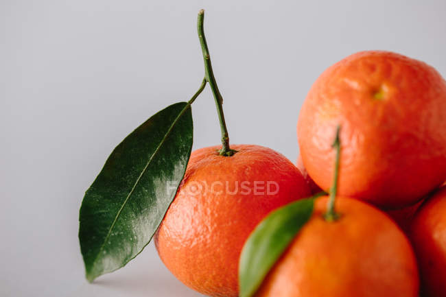 Heap of fresh ripe unpeeled tangerines with green leaves on gray background — Stock Photo