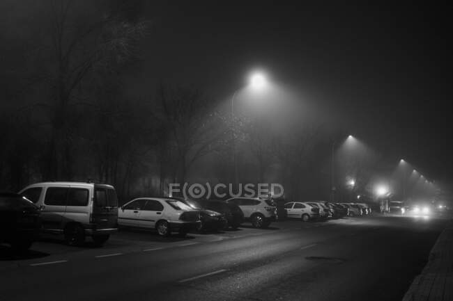 Calle vacía de la ciudad con coches aparcados al lado iluminados por faroles en la oscuridad - foto de stock