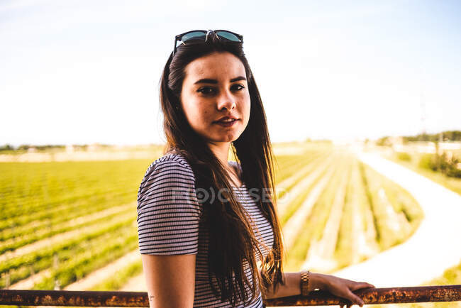 Молодая женщина в солнечных очках стоит у окна и смотрит на красивое зеленое поле в солнечный день. — стоковое фото