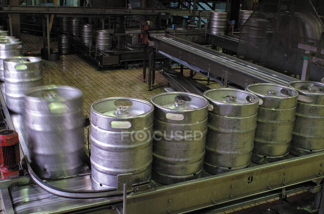 Metal barrels with beer moving on conveyor in workshop of factory — Stock Photo