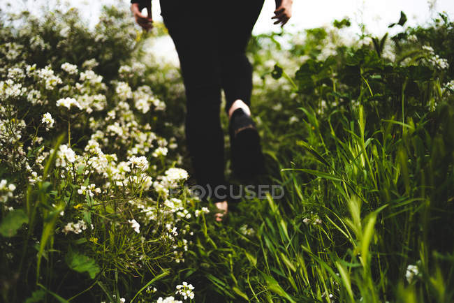 Pattes féminines en herbe verte avec des fleurs blanches — Photo de stock