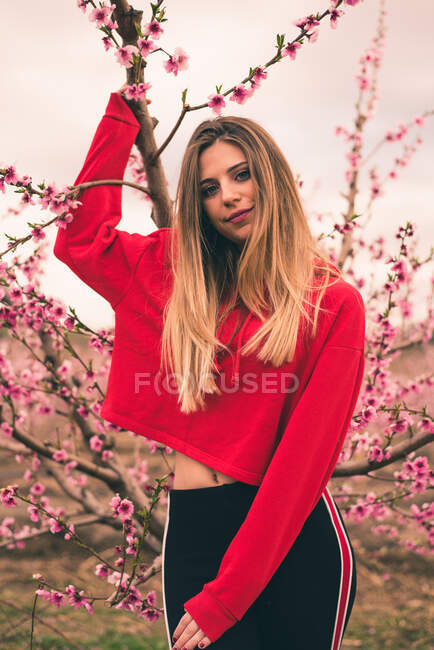Pretty content woman in sportive outfit standing near pink apple tree blooming in springtime. — Stock Photo