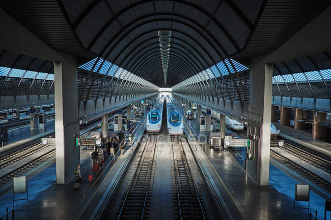 From above view of modern high speed trains moving on railway in spacious roofed railway station — Stock Photo