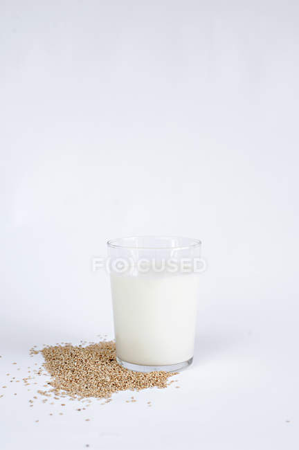 Grains of oats and glass of fresh milk on white background — Stock Photo