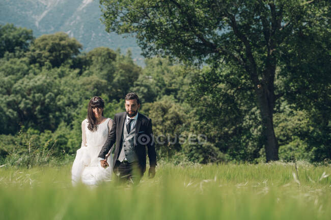 Young just married man in black costume and woman in wedding dress walking in green grove holding hands — Stock Photo