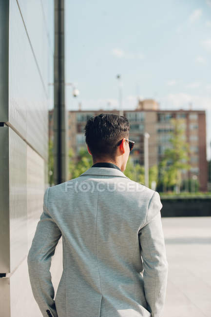 Vista posteriore di uomo d'affari fiducioso a piedi vicino muro di costruzione in città — Foto stock