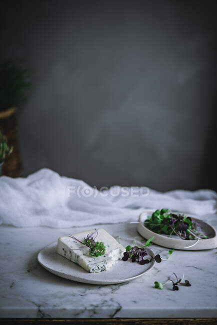 Синий сыр с травой на столе — стоковое фото