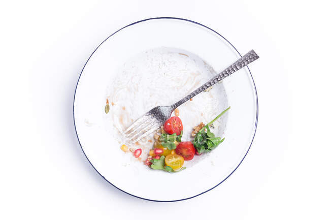 De arriba el plato de la ensalada de hortalizas irritable con el higo servido con el tenedor. - foto de stock