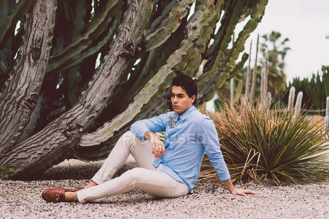 Bello giovane uomo etnico seduto a cactus e guardando lontano in giardino — Foto stock