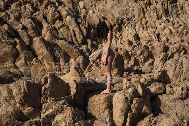 Vista lateral de mujer desnuda atractiva irreconocible de pie sobre roca en día soleado. - foto de stock