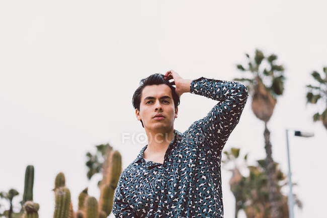 Joven posando en el cactus - foto de stock