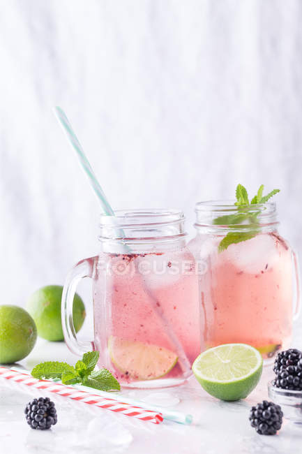 Frascos para beber con refrescante limonada que contiene lima y mora
. - foto de stock