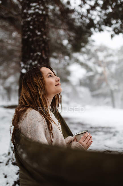 Vista lateral de la mujer joven bastante soñadora sentada en la hamaca y teniendo bebida caliente en la naturaleza del invierno. - foto de stock