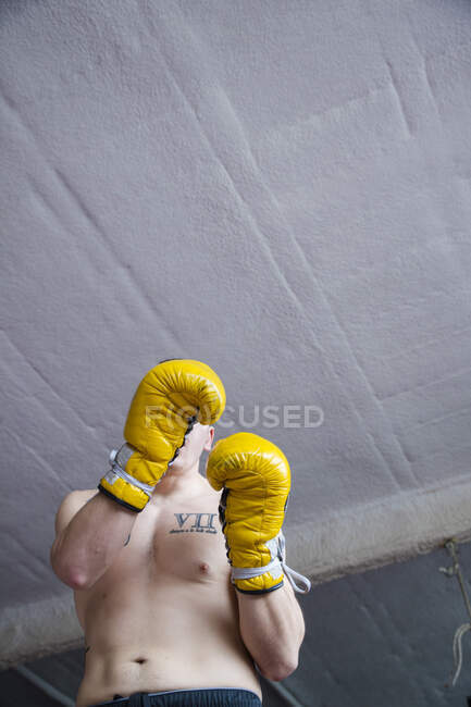 Selbstbewusster hemdsloser Sportler, der mit erhobenen Fäusten in die Kamera blickt. — Stockfoto