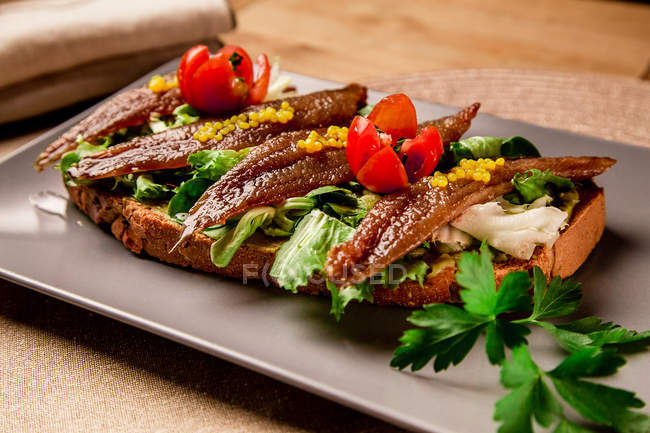 Сэндвич с овощами и рыбой на серой тарелке — стоковое фото