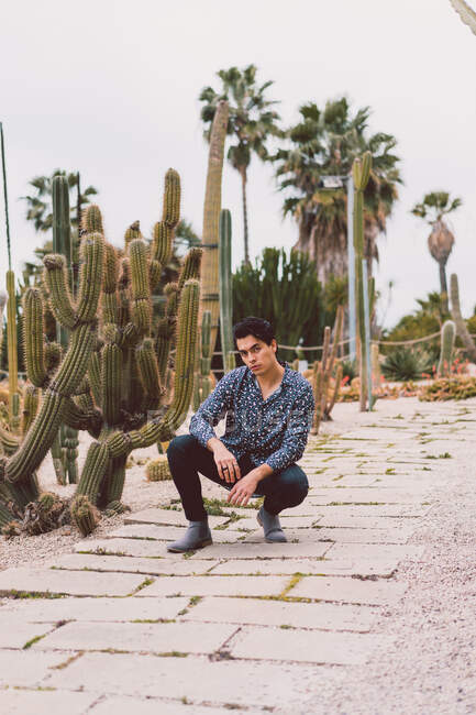 Junger Mann sitzt am Kaktus — Stockfoto