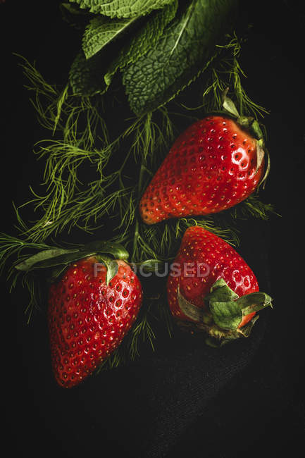 Close-up of textured delicious strawberries with herbs on black background — Stock Photo