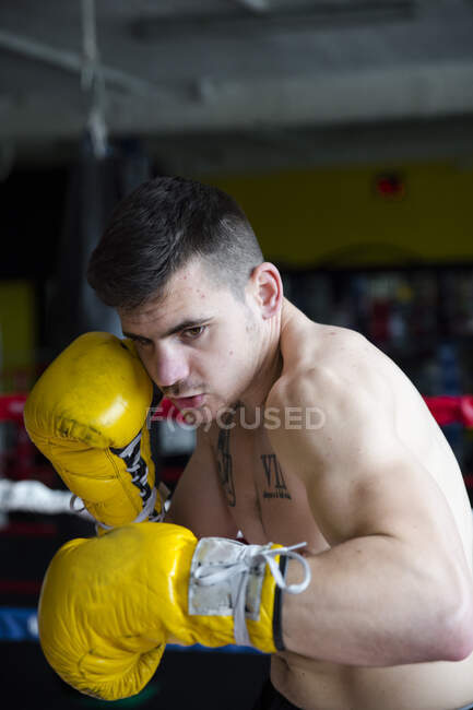 Confident shirtless sportsman fighter standing with fists up and looking at camera. — Stock Photo