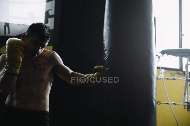 Hemdloser Boxer mit Handschuhen im Stehen und Boxsack beim Training. — Stockfoto