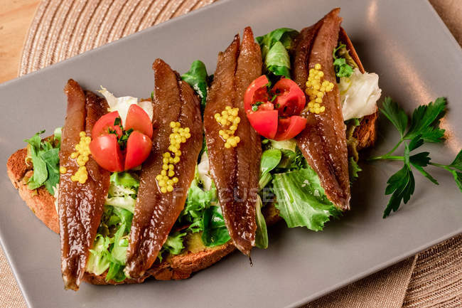 Close-up de sanduíche com legumes e peixes em prato cinza — Fotografia de Stock