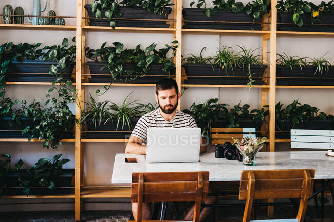 Casual bearded man with photo camera and smartphone sitting at table while using laptop — Stock Photo