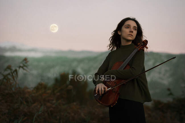 Bella giovane signora in bellissimo vestito che tiene il violino e distogliendo lo sguardo mentre in piedi in campo su uno sfondo incredibile di montagne e cielo — Foto stock