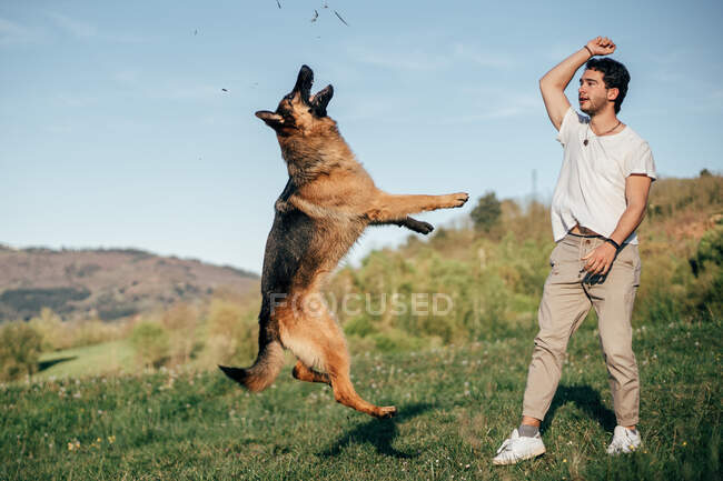 Людина грає з собакою в природі. — стокове фото