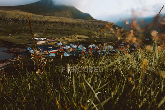 Erba verde e piccolo villaggio a grande montagna verde sullo sfondo sull'isola di Feroe — Foto stock
