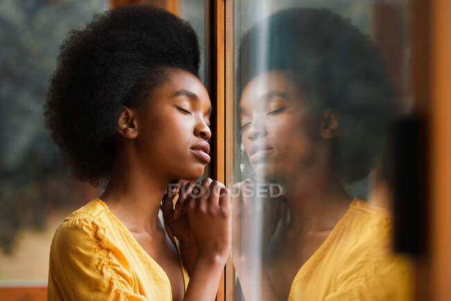 Vista lateral de una bonita hembra afroamericana que mantiene los ojos cerrados y se apoya en un cristal limpio de la ventana - foto de stock