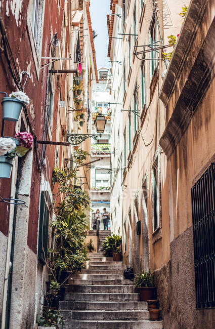 Dal basso coppia in piedi alle scale sul vicolo di Sintra, Lisboa, Portogallo — Foto stock
