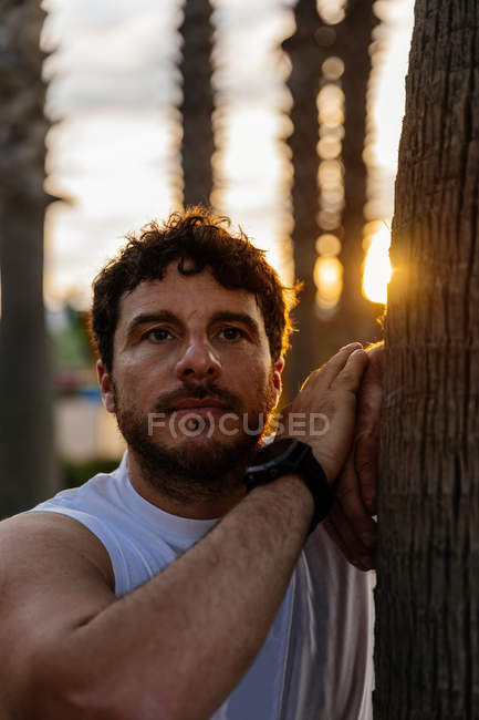 Uomo barbuto in abbigliamento sportivo appoggiato sul tronco d'albero e guardando lontano durante l'allenamento all'aperto in serata — Foto stock