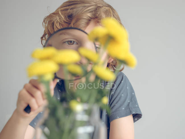 Boy with magnifying glass looking at dandelions — Stock Photo