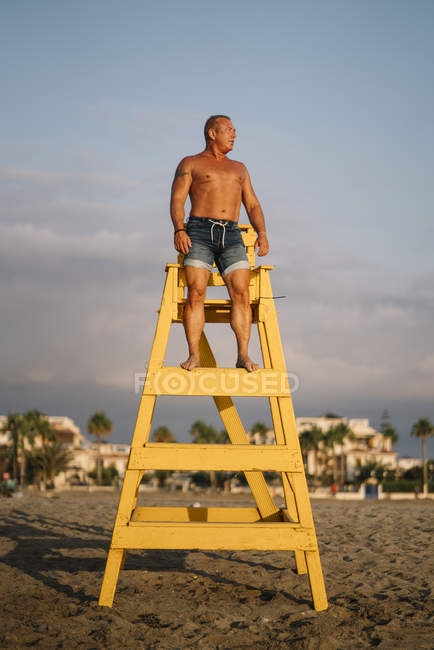 Strong man rescuer keeps watch on beach — Stock Photo