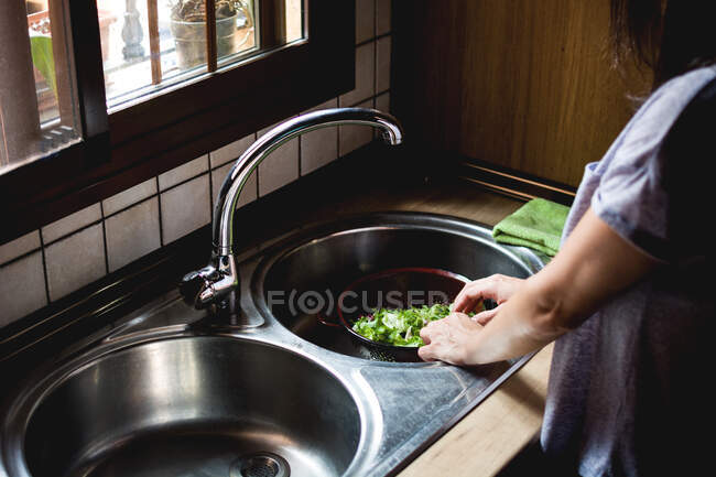 Woman washing salad in sink — Stock Photo