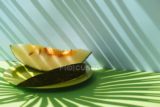 Fatias de melão fresco na placa no fundo azul e verde com sombras de folhas de palma — Fotografia de Stock