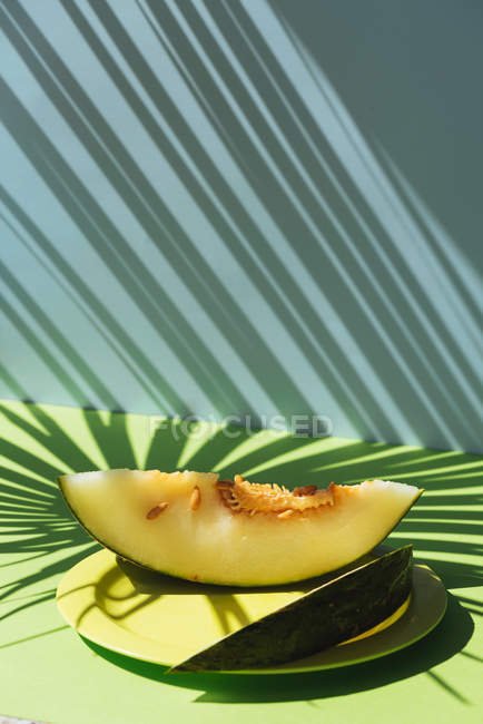 Fette di melone fresco su piatto su sfondo blu e verde con ombre di foglie di palma — Foto stock