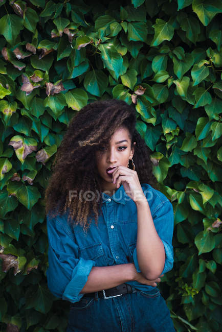 Young sensual African American woman in denim clothes standing against green foliage and looking at camera — Stock Photo