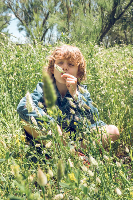 Menino adorável sentado na grama alta no campo de flores silvestres segurando flor sorrindo e olhando para a câmera — Fotografia de Stock