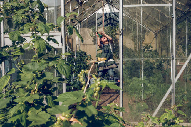 Boy listening to music while working in greenhouse — Stock Photo