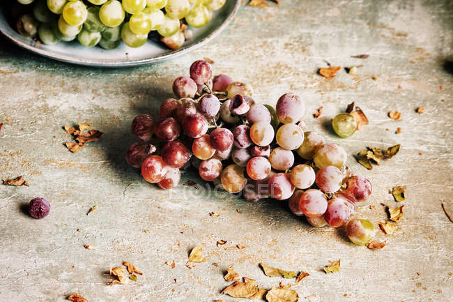 Cacho de uvas roxas na superfície rústica de madeira — Fotografia de Stock