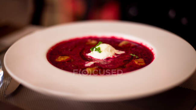 Primer plano de deliciosa sopa en gran plato blanco servido en la mesa en el restaurante de Sintra, Portugal - foto de stock
