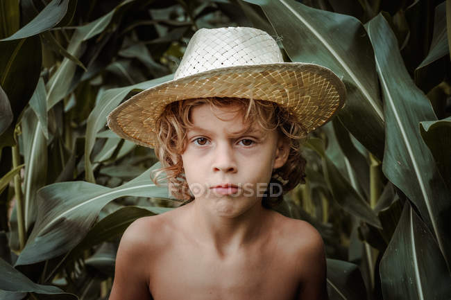 Хлопчик у капелюсі на кукурудзяному полі — стокове фото