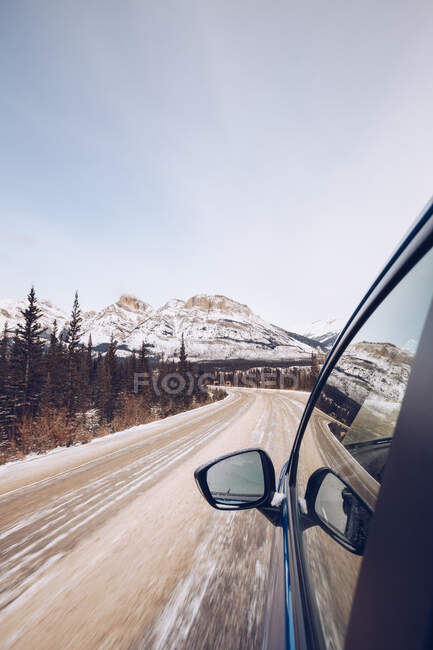 Recogida limpia con personas que conducen en el camino forestal canadiense con muchos abetos y en el fondo con montañas nevadas y cielo nublado - foto de stock