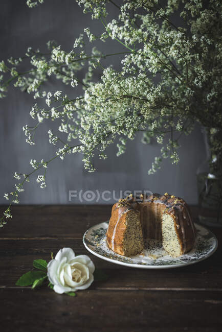 Tasty poppy seed cake on plate — Stock Photo