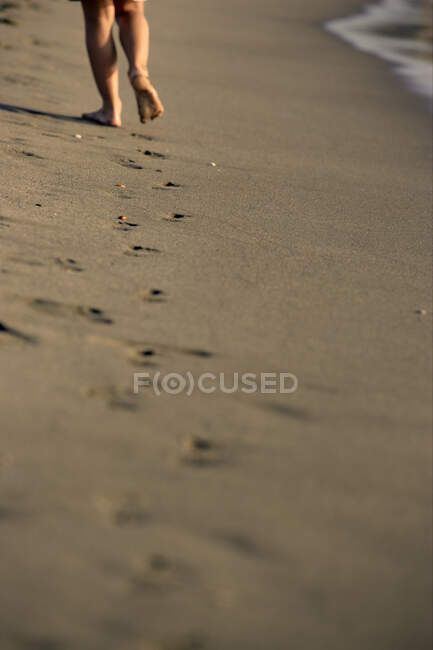 Rückenansicht der Füße einer Person, die an der Sandküste wandelt und bei Tageslicht vom Wasser gewaschen wird — Stockfoto