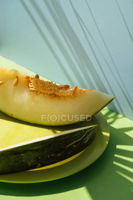 Fatias de melão fresco na placa no fundo azul e verde com sombras de folhas de palma — Fotografia de Stock