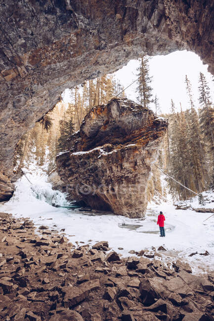 Pessoa vestindo vermelho quente oeste e azul calças de pé na floresta de inverno canadense com enormes rochas marrons e altos firs durante o dia — Fotografia de Stock