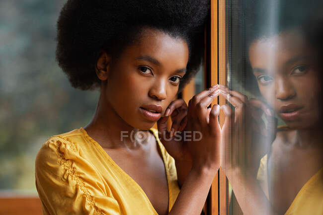Vista lateral de una bonita hembra afroamericana apoyada en un cristal de ventana limpio - foto de stock