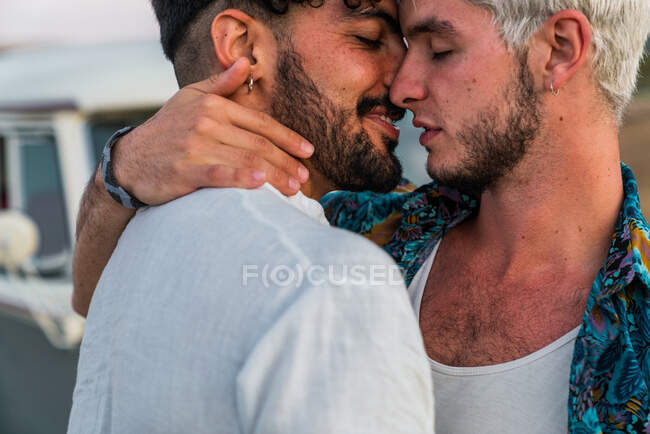 Vista lateral de hombres jóvenes guapos abrazando y besándose mientras están de pie en el campo cerca de van retro - foto de stock